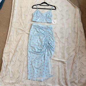 SHEIN Light Blue Floral Ruched Midi Skirt